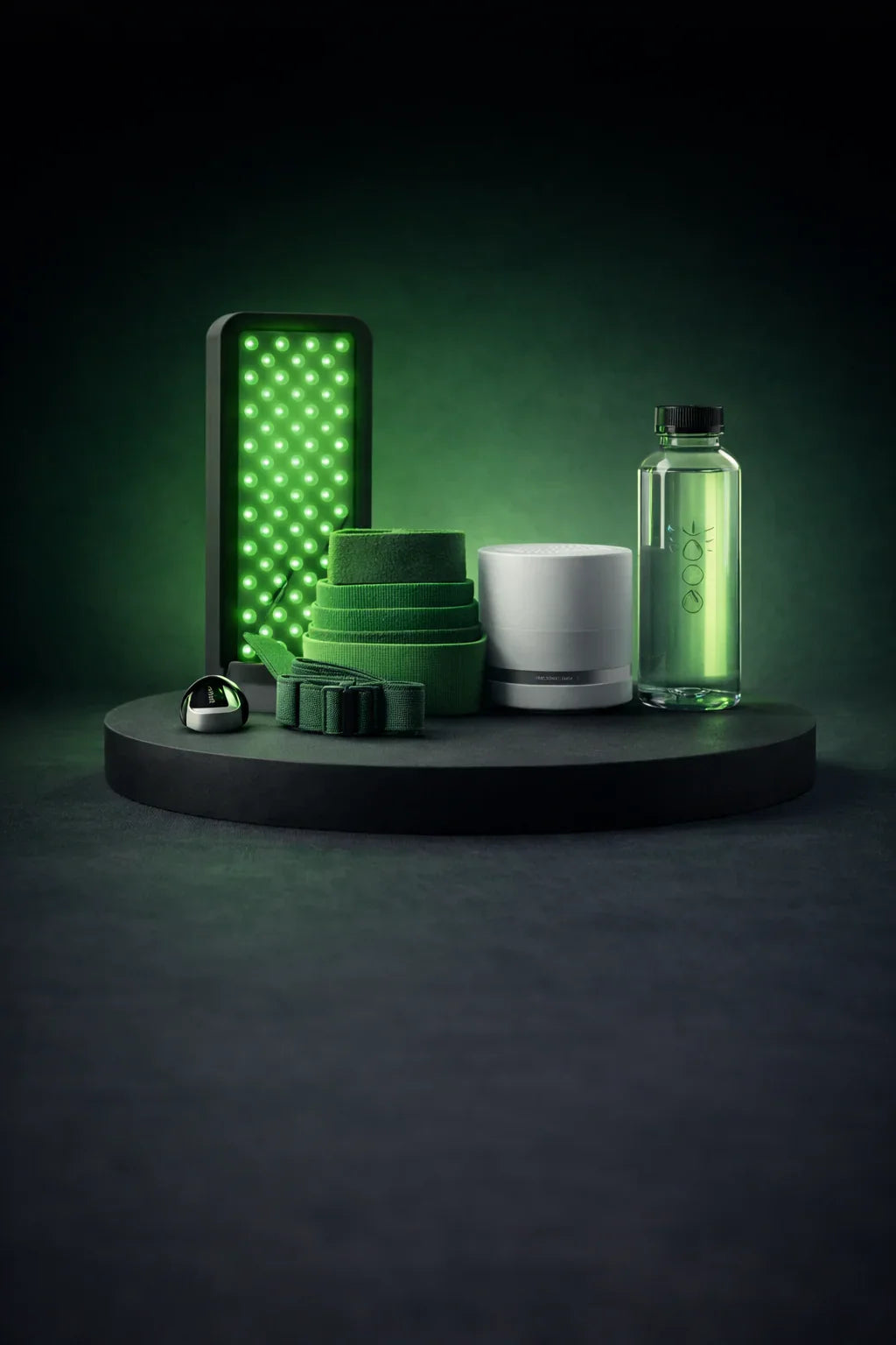Energy and recovery devices including green LED light panel, straps, water bottle, and smart ring on a dark round platform.