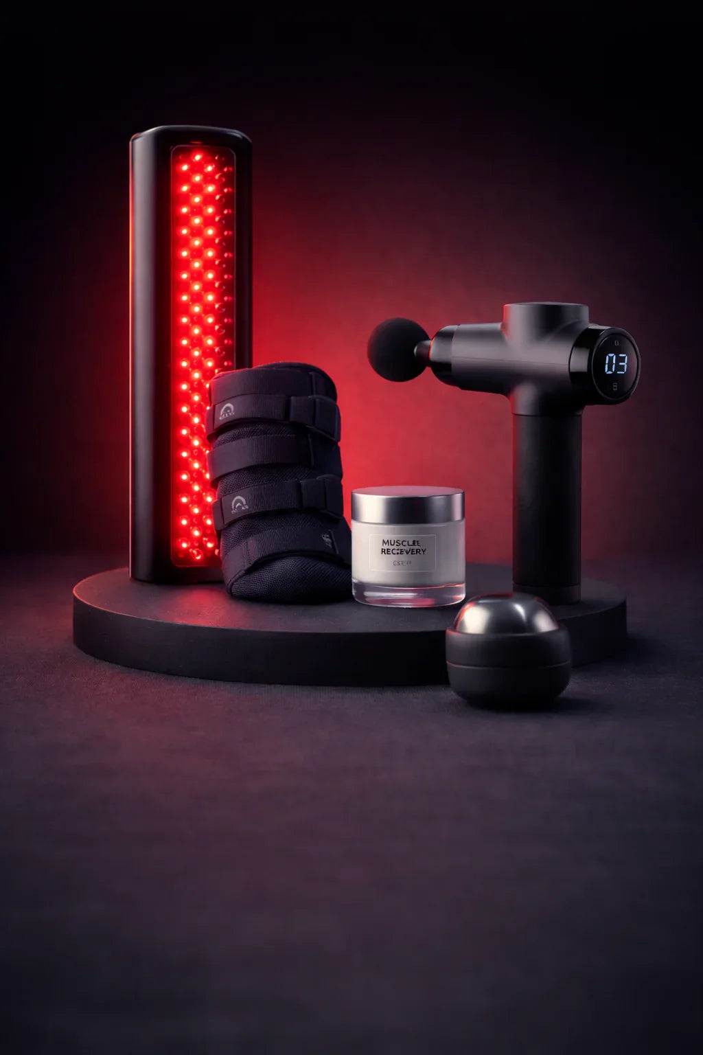 Muscle recovery tools including massage gun, red light therapy device, compression wrap, and cream jar.