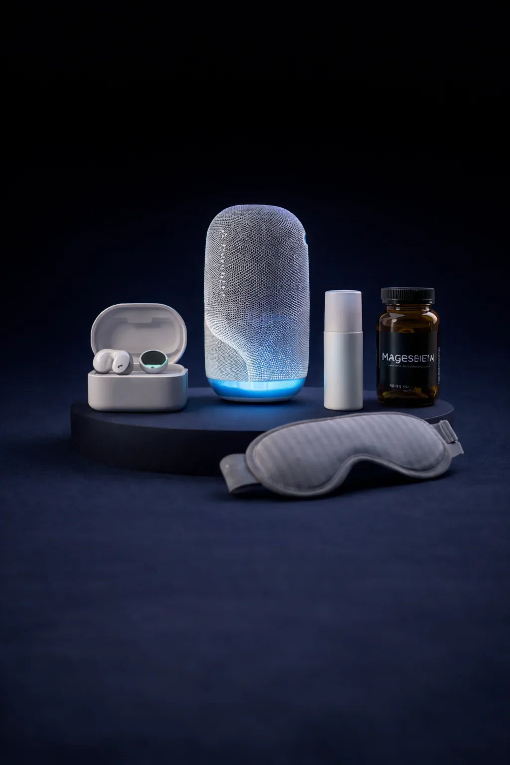 Sleep optimization products including earbuds, smart lamp, magnesium supplement, spray, and grey eye mask on a dark background.