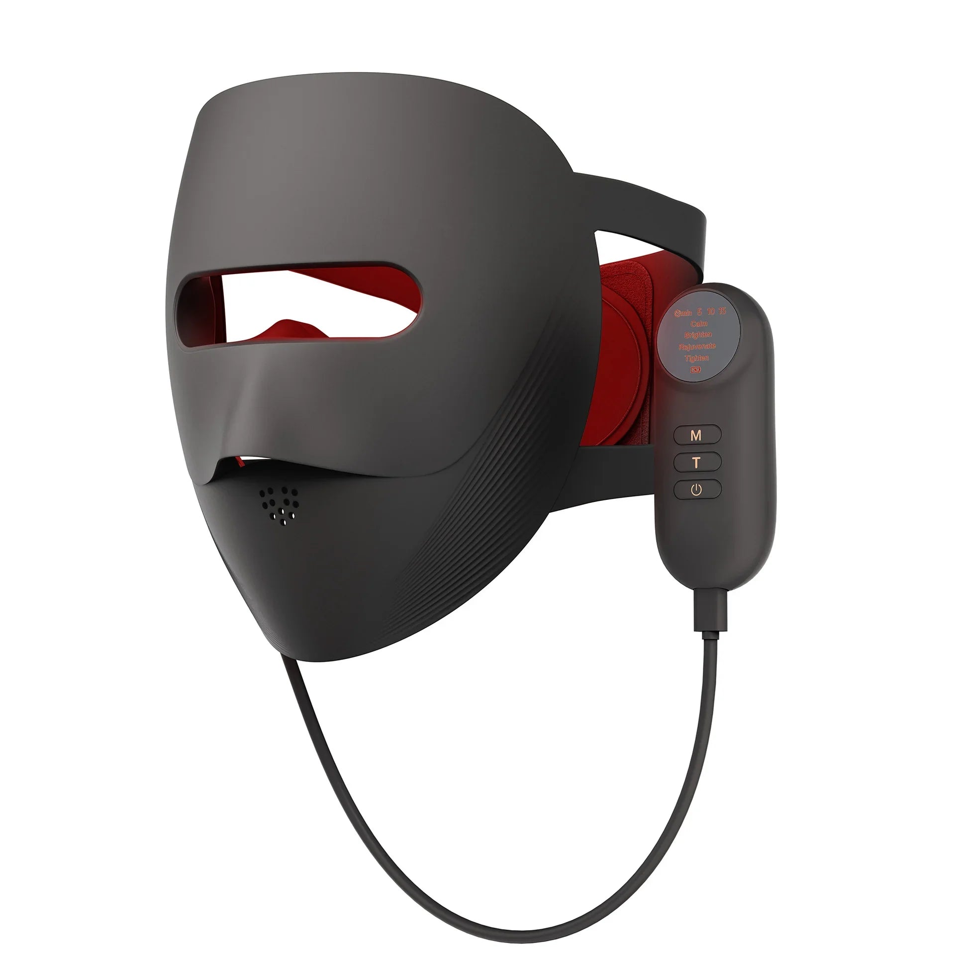 Black smart face mask with red interior and attached control device for sleep and recovery optimization