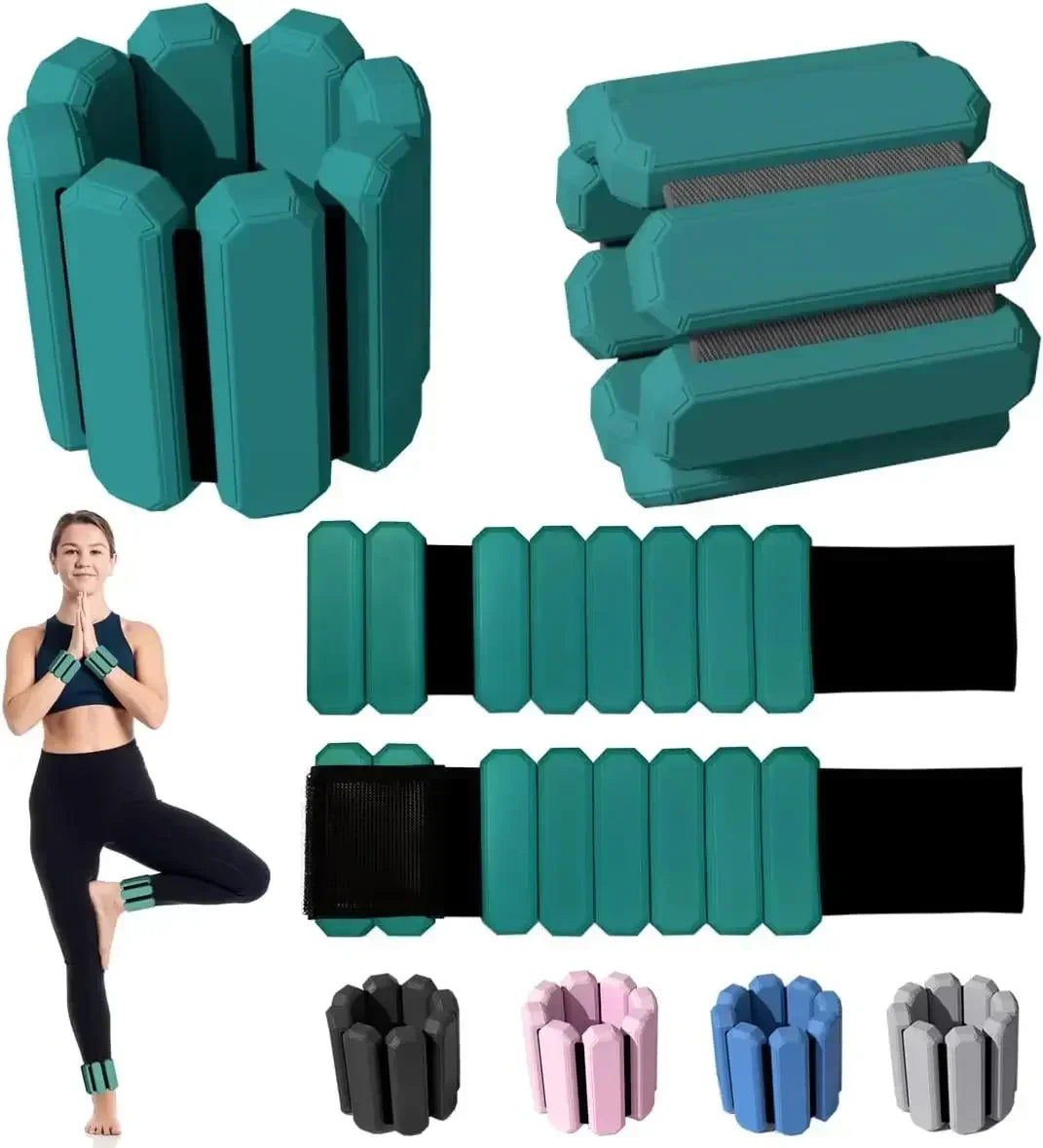 Adjustable wearable ankle and wrist weights for fitness in various colors, shown on model.