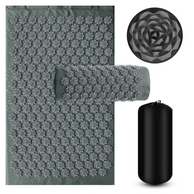 Grey acupressure mat and pillow set with massage spikes and carrying bag for relaxation