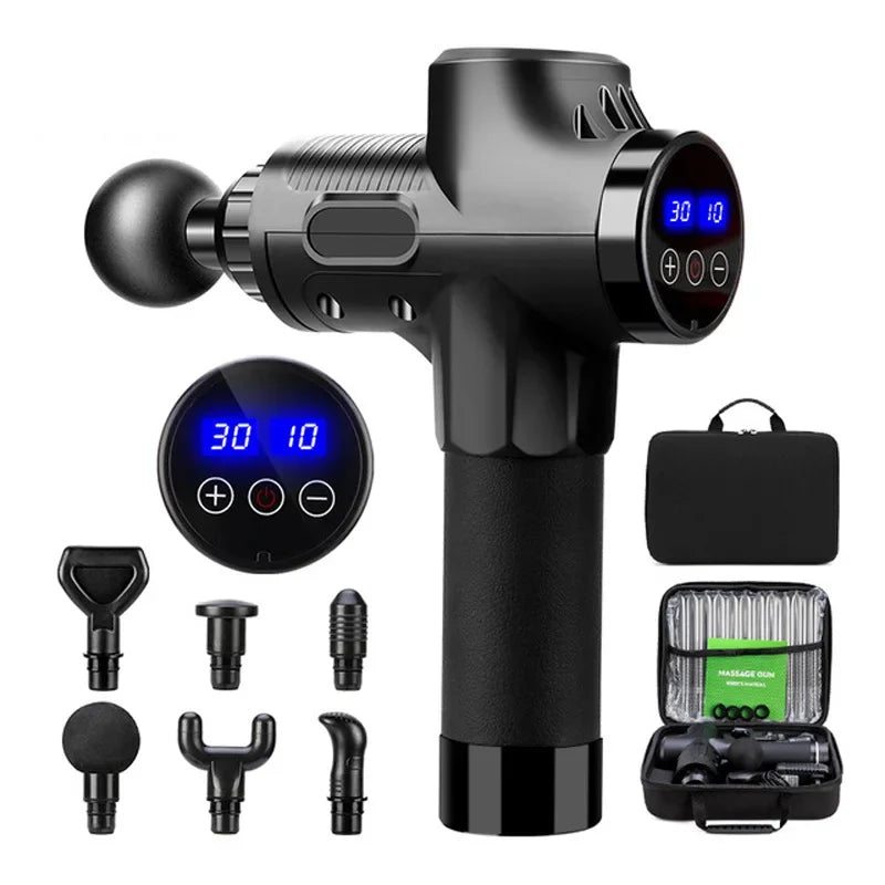 Black massage gun with LED display, six interchangeable heads, and carrying case for muscle recovery