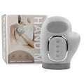 Smart hand massager glove with control buttons, shown beside retail packaging