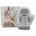 Smart hand massager glove with control buttons, shown beside retail packaging