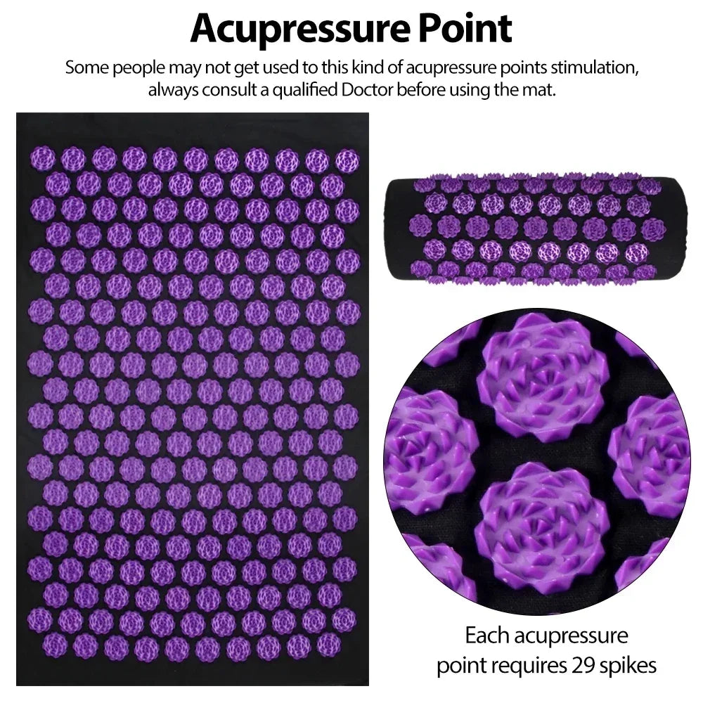 Purple acupressure mat and pillow set with spiked massage points on black background