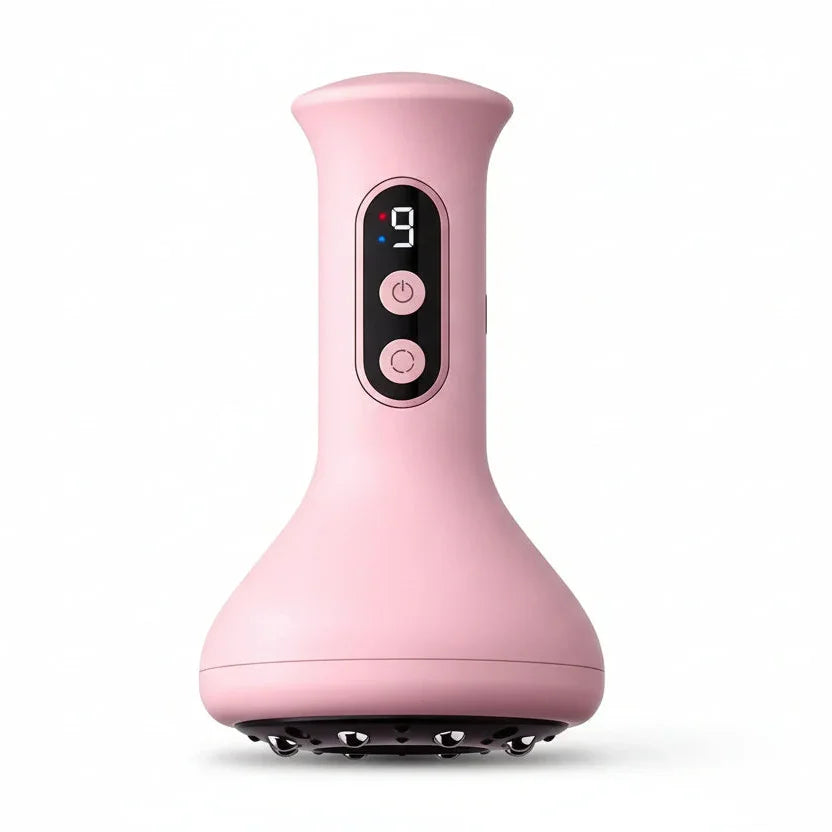 Pink handheld scalp massager with digital display and control buttons, isolated on white background