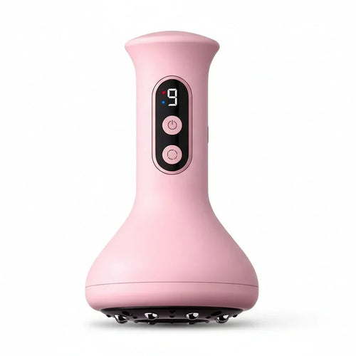 Pink handheld scalp massager with digital display and control buttons, isolated on white background