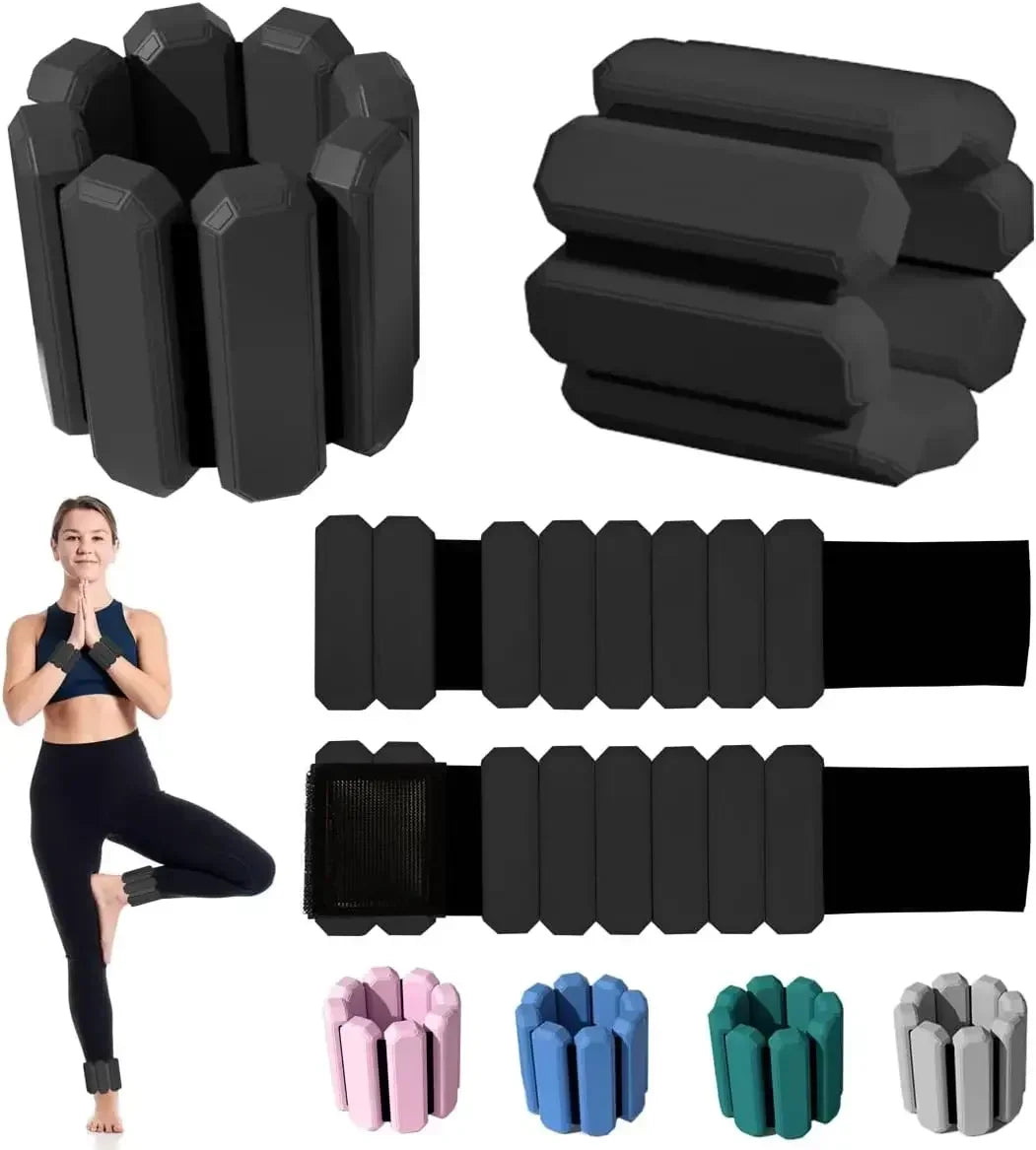 Adjustable wearable wrist and ankle weights in multiple colors, fitness accessory demoed by a woman.