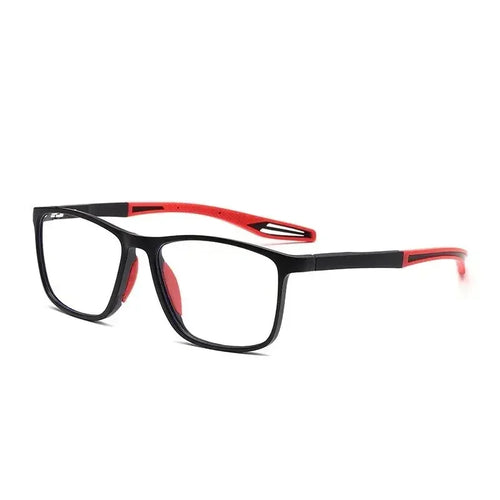 Black and red rectangular eyeglasses with clear lenses on white background