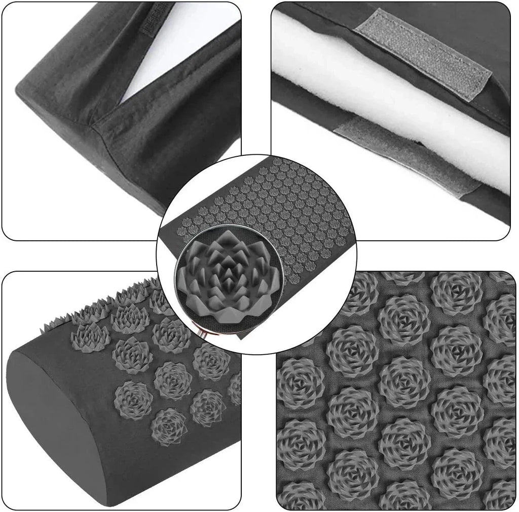 Black acupressure pillow and mat set with lotus-shaped spikes for pain relief and relaxation