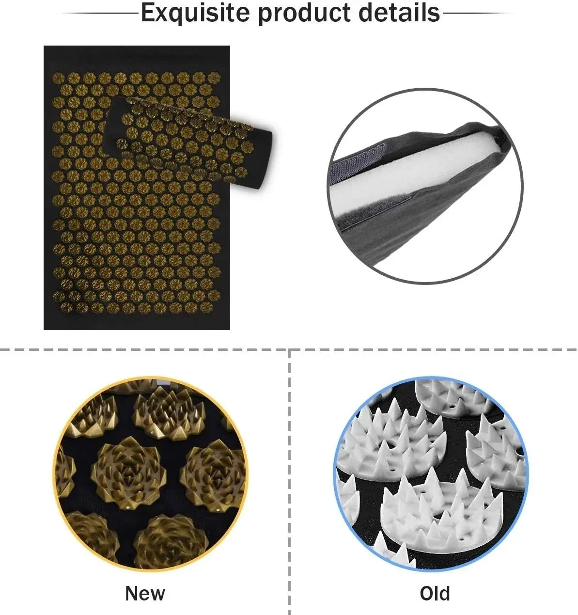 Black acupressure mat and pillow set with gold lotus spikes, close-up of new and old spike styles