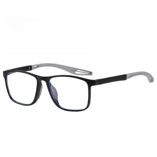 Black and gray rectangular eyeglasses with modern, lightweight frame design on white background