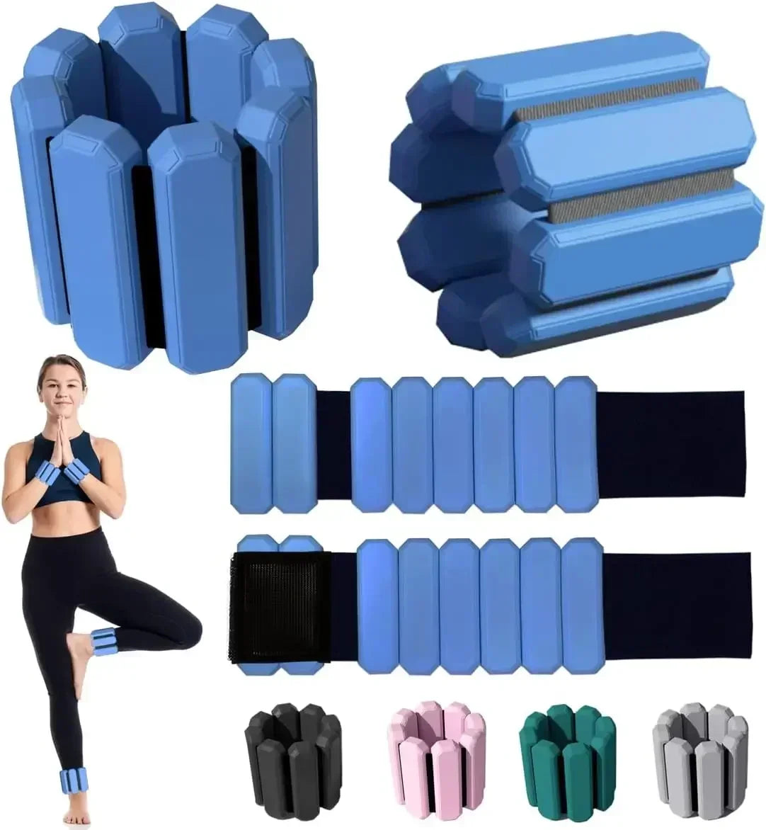 Adjustable wearable ankle and wrist weights in blue, shown on person and in multiple colors