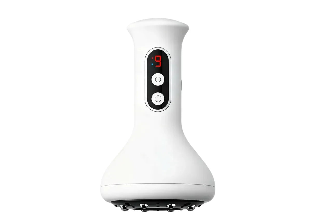 White handheld massage device with digital display and control buttons