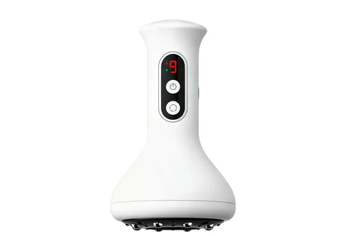 White handheld massage device with digital display and control buttons