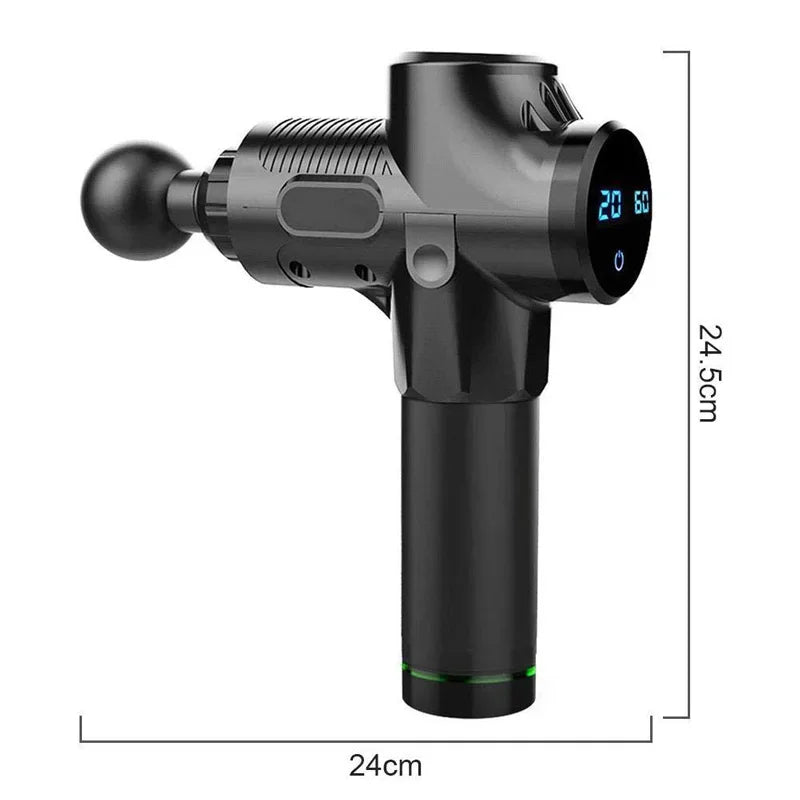Black handheld massage gun with digital display, ball head attachment, 24x24.5cm size measurements