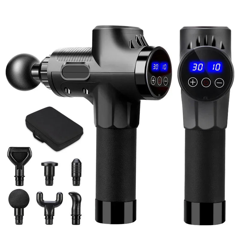Black massage gun with digital display, six interchangeable heads, and carrying case