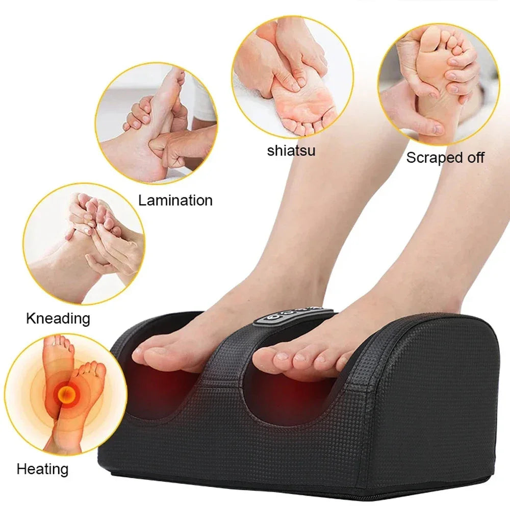 Foot massager device with kneading, heating, shiatsu, and lamination massage functions