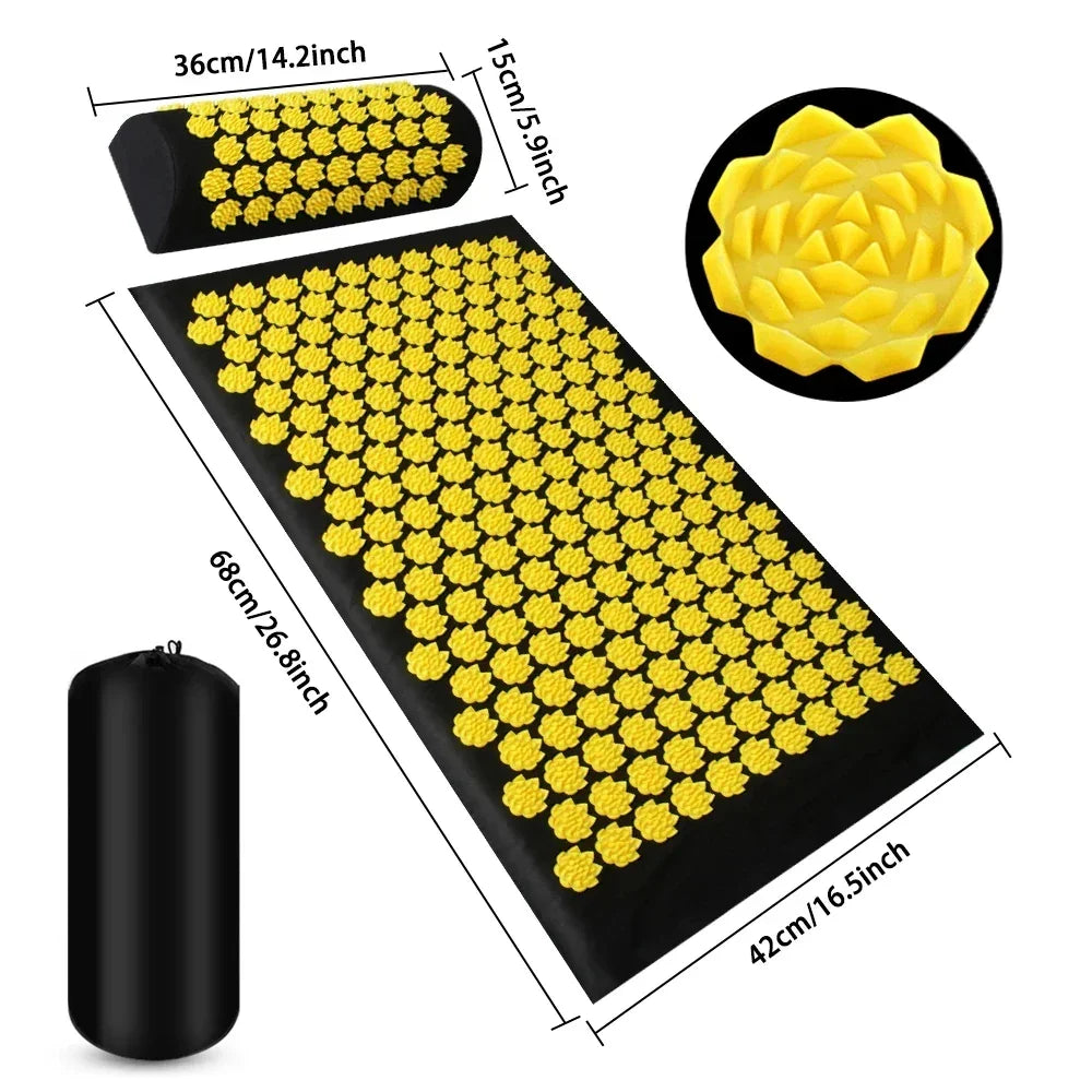 Acupressure mat and pillow set with yellow lotus spikes on black, product dimensions labeled.
