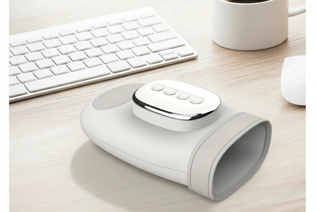 Wearable hand massager with buttons on desk near keyboard and coffee cup