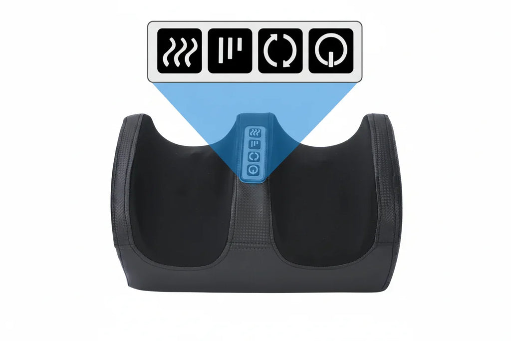 Black massage device with control buttons for heat, mode, rotation, and power on front panel