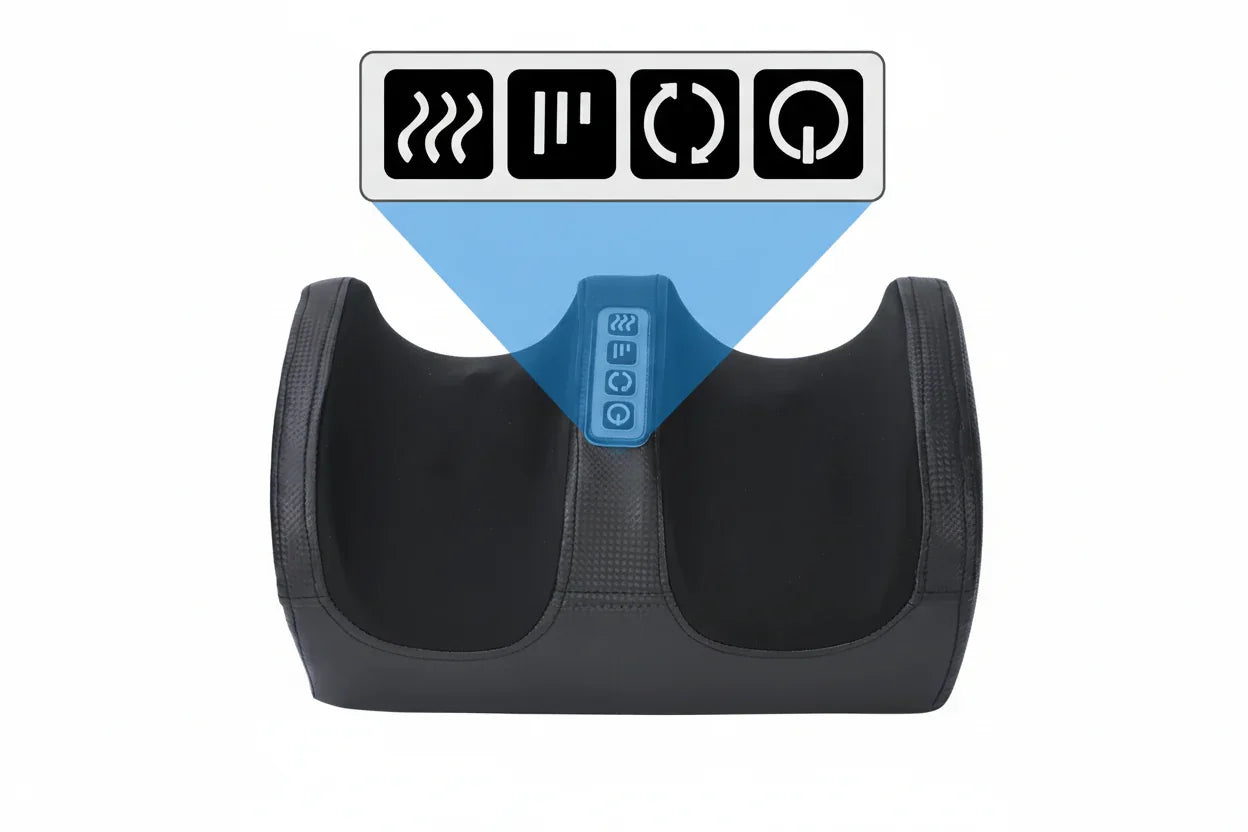 Black massage device with control buttons for heat, mode, rotation, and power on front panel