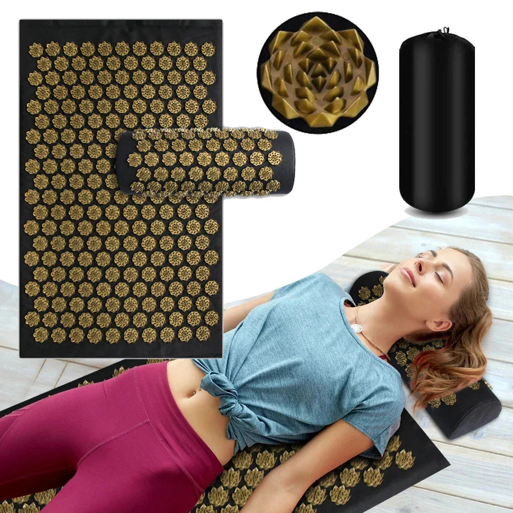 Woman lying on acupressure mat and pillow set for relaxation and pain relief, close-up details
