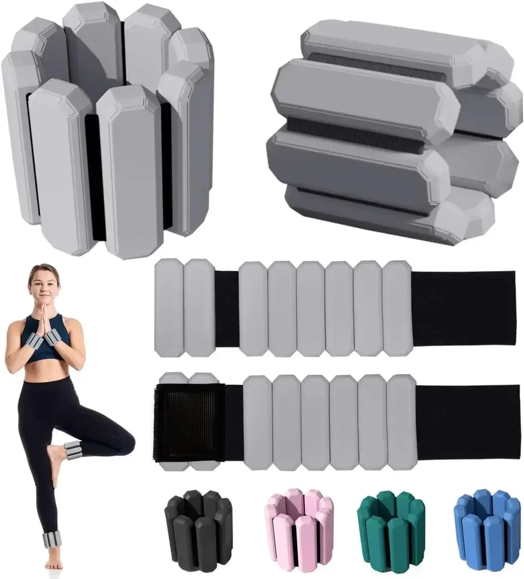 Adjustable silicone wrist and ankle weights for workouts, shown in multiple colors and worn by a woman.
