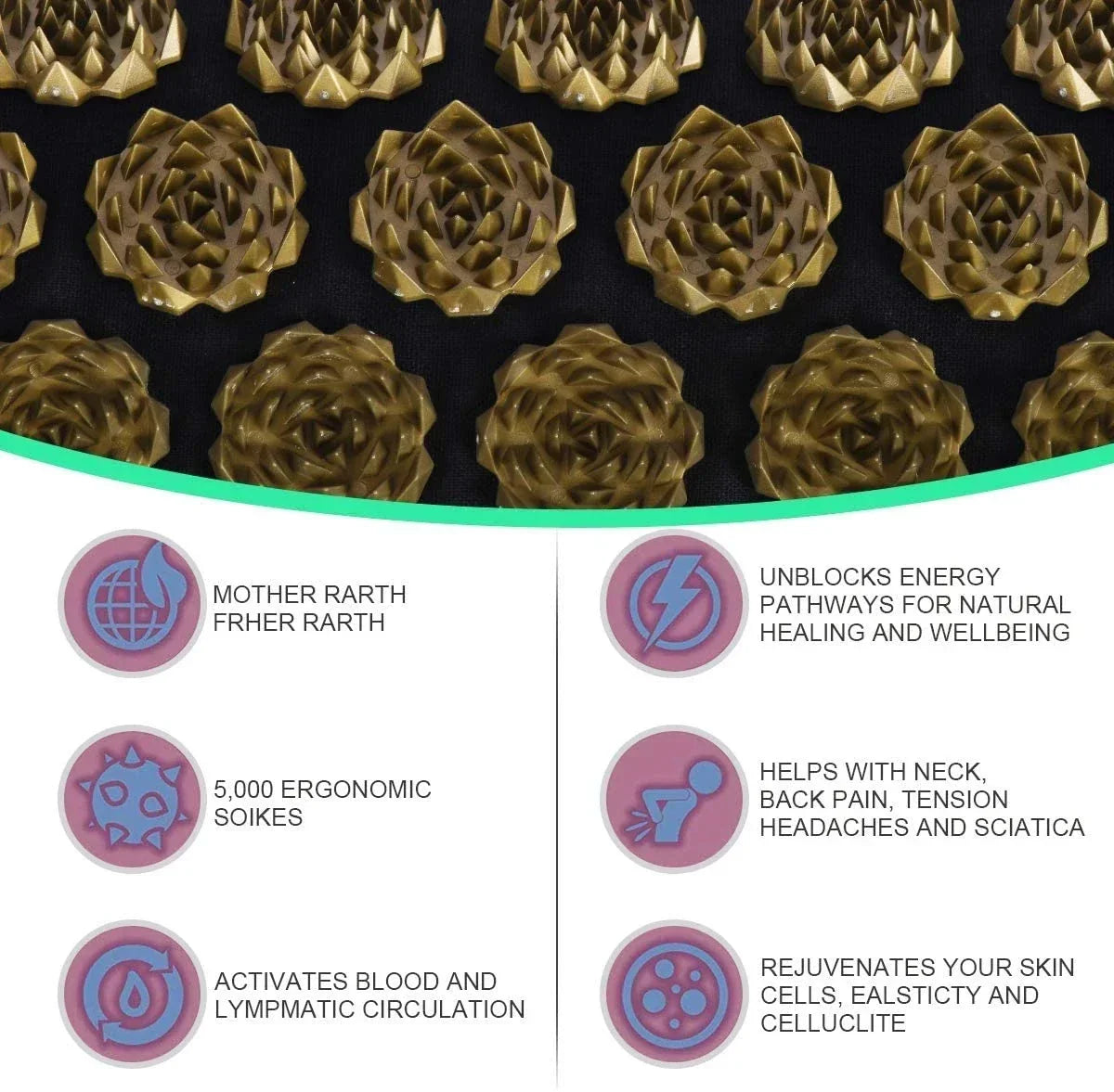 Close-up of ergonomic acupressure mat spikes with health benefits listed for pain relief, circulation, and skin rejuvenation.