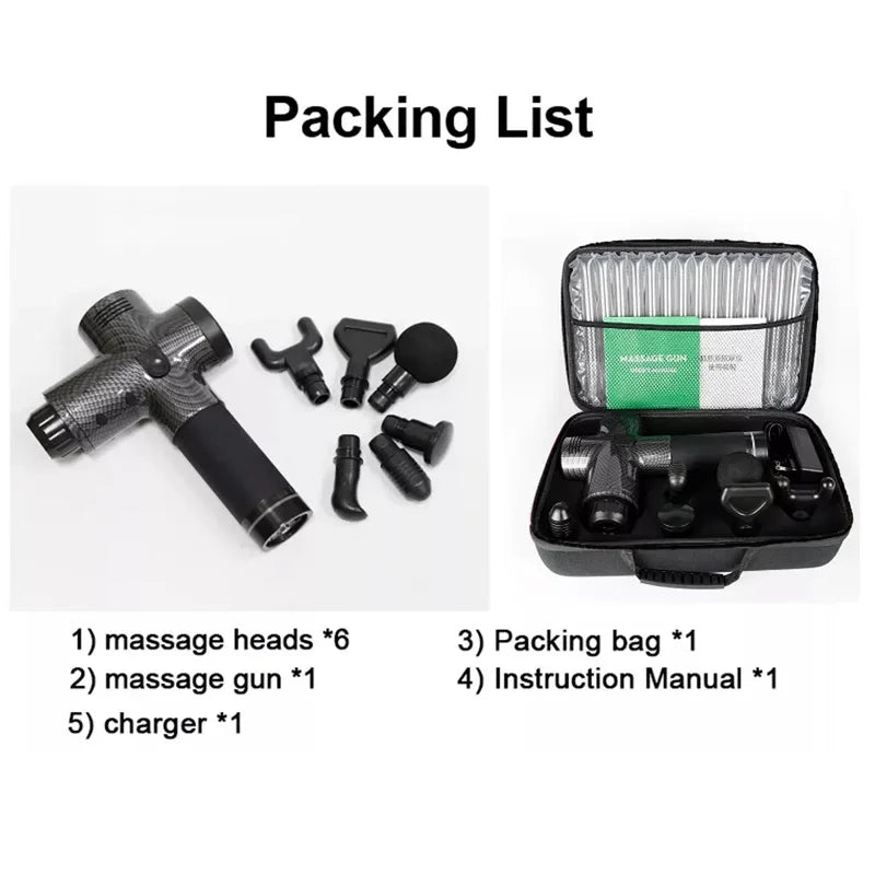 Massage gun kit with six interchangeable heads, charger, case, and instruction manual