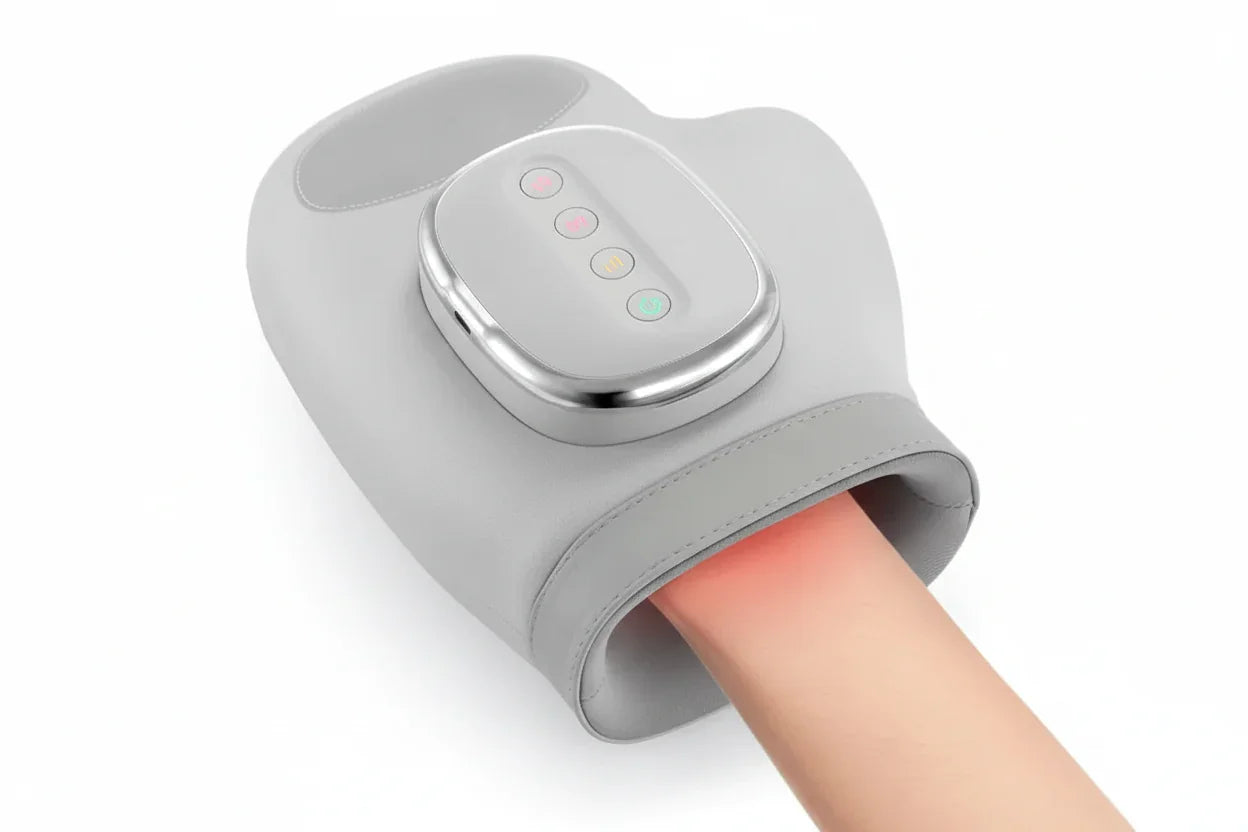 Wearable grey hand massager with control panel used for hand recovery and wellness