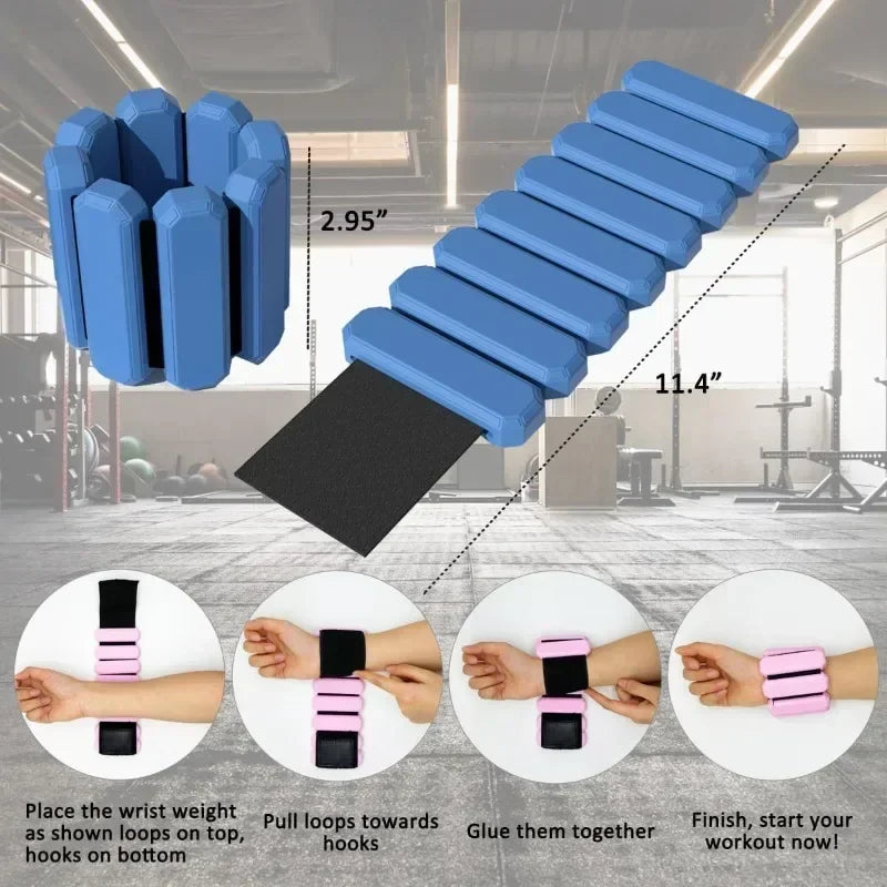 Adjustable wrist weights for fitness, measured at 11.4 by 2.95 inches, with step-by-step instructions for wearing, displayed in a gym setting.