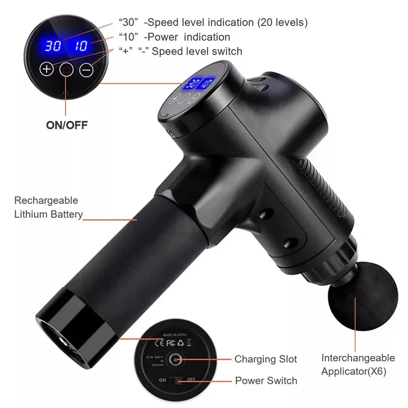 Black massage gun with digital display, power switch, interchangeable head, rechargeable battery.