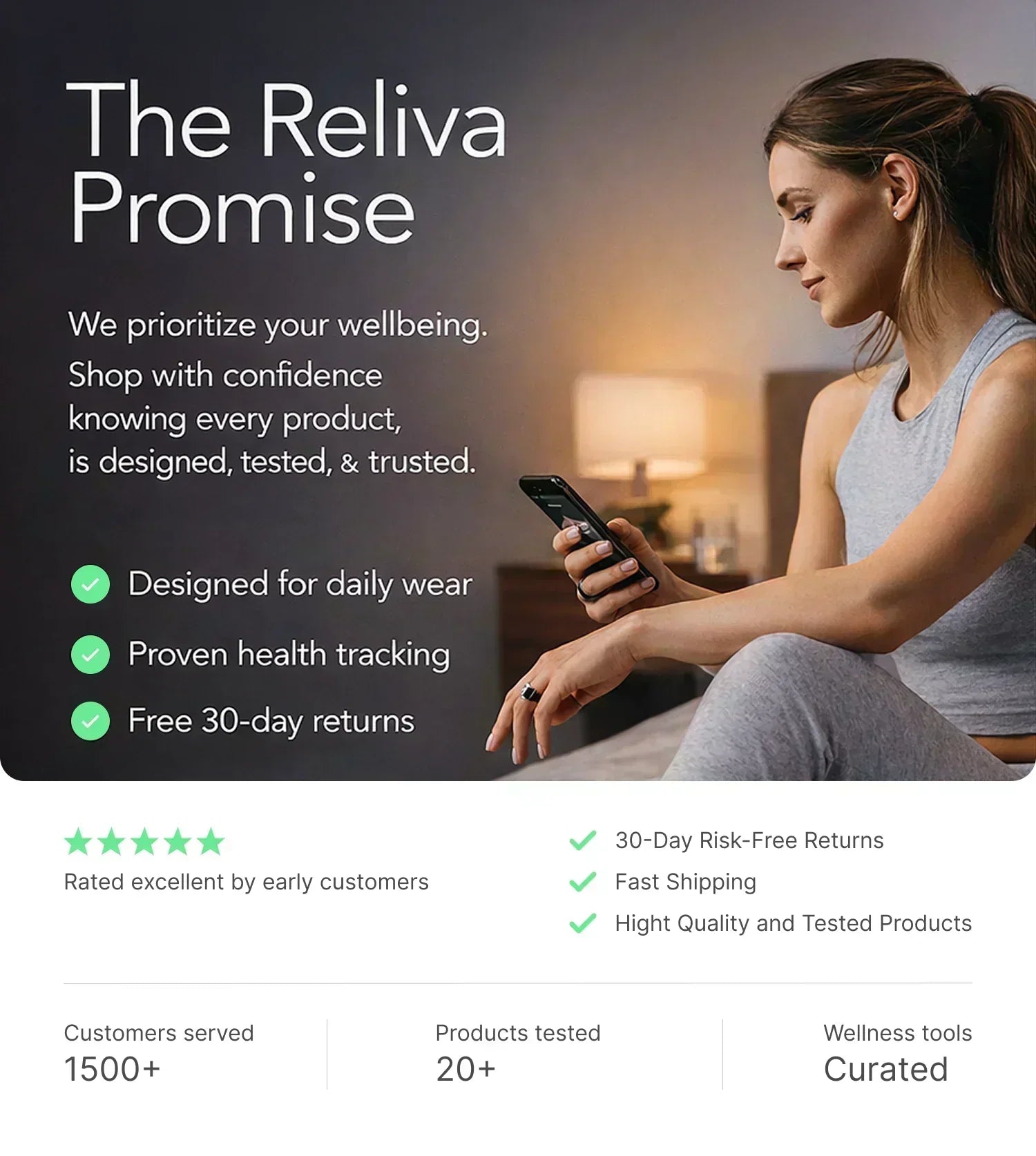 Woman in activewear using wearable health tracking device with wellness promise and product benefits text.