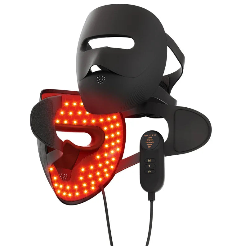 Black LED light therapy face mask with red lights and remote control, wearable health device