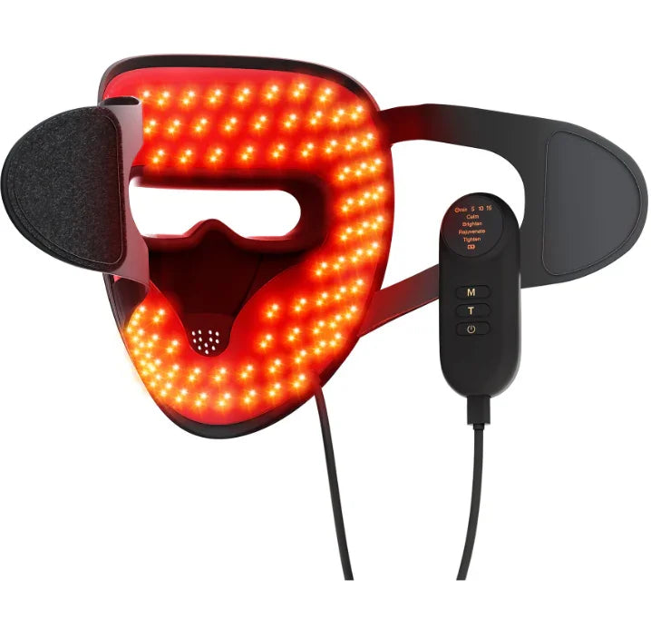LED red light therapy face mask with adjustable straps and wired remote control